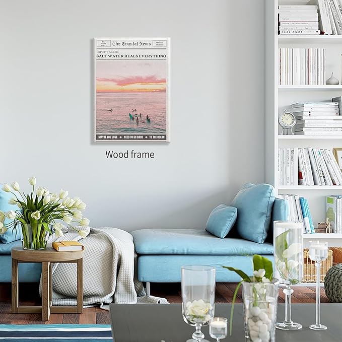 Pink Beach Newspaper Posters Vintage Fashion Coastal Girl Surf Wall Art 12X16
