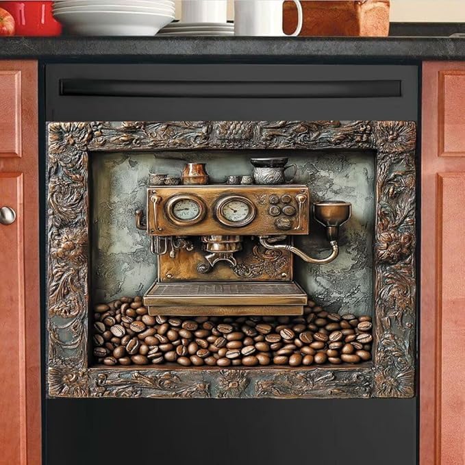 Retro Coffee Machine Dishwasher Magnet Cover, Dish Washer Cover for Kitchen Decor, Easily Trimmable Dishwasher Sticker Refrigerator Magnetic Cover 23×17 in