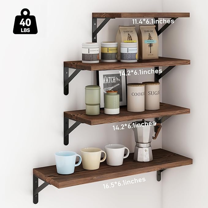 YGEOMER Floating Shelves for Wall, Different Sizes Dark Carbonized Pine Wall