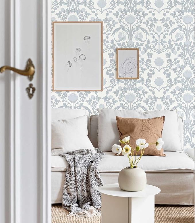 YXTII 17.3" × 393.7" Blue Floral Peel and Stick Wallpaper, Damask Vintage