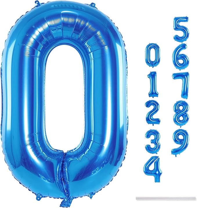 Blue Balloon Number 0, 40 Inch Large Self Inflating Foil Number Balloons 0-9, Giant 0 Digital Helium Balloon for Boys Men Birthday Baby Shower New Year Party Anniversary Celebration Decorations
