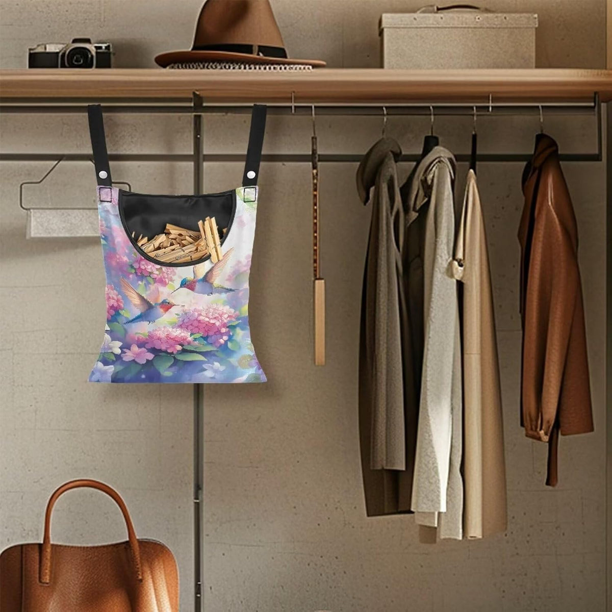Hummingbird and Flower Clothes Pin Hanging Bag with Hanging Rope for Clothes Pins and Clothespins - Heavy Duty Outdoor Use 14.5 X 12 Inch Clothespin Bag