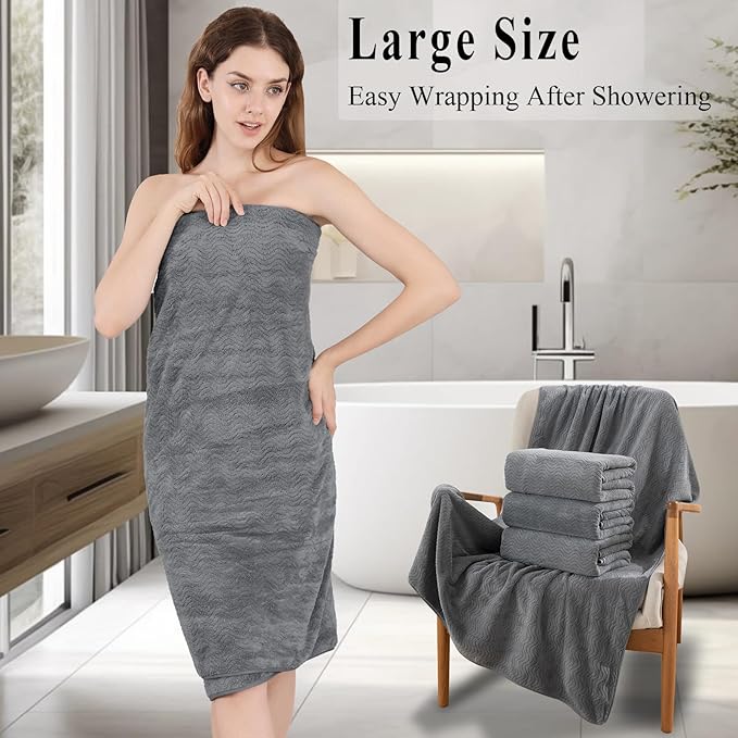 Grey Bath Towels Set of 8, Bathroom Towel Quick Dry Textured,2 Oversized Shower Towels Large/2 Hand Towels/4 Washcloths, Ultra Soft Microfiber Absorbent Bath Sheets for Bathroom Hotel Spa