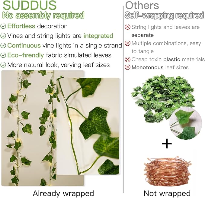 suddus Vine with Fairy Lights Battery Operated, 33ft 100 LED Ivy String Lights