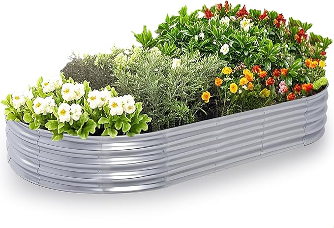 Galvanized Raised Garden Bed Kit, Planter Garden Boxes Outdoor, Oval Large Metal for Vegetables Fruits, Flowers Planter Boxes, Easy Assembly Garden Bed Kit (Silver, 8×4×1FT (1-Pack)