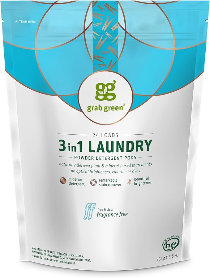 Grab Green Natural 3 in 1 Laundry Detergent Pods, Free & Clear/Unscented, 24 Loads, Fragrance Free, Organic Enzyme-Powered, Plant & Mineral-Based, 13.5 Ounce, 24 Count
