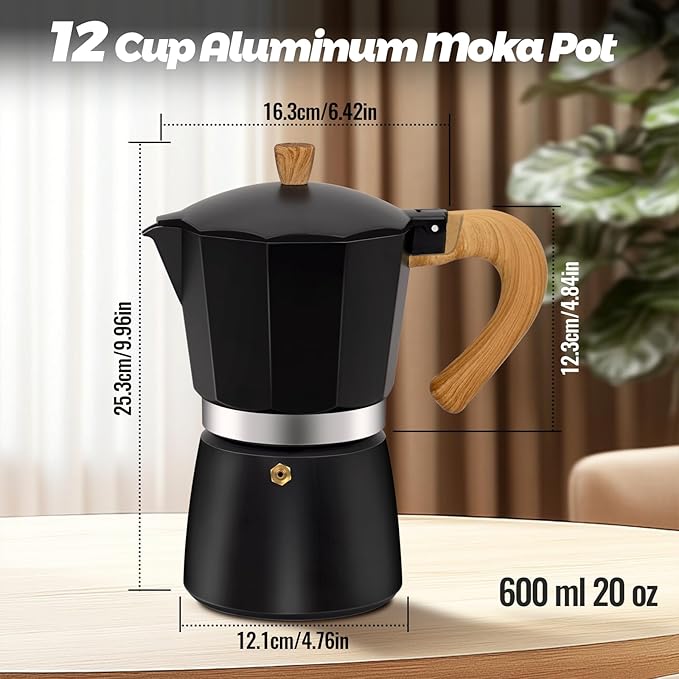 12 Cup Aluminum Moka Pot Classic Stovetop Espresso Coffee Maker 600ml 20oz Coffeemaker Percolator Mocha Pot Greca Coffee Maker Cafe Makers for Italian and Cuban Café Brewing Black