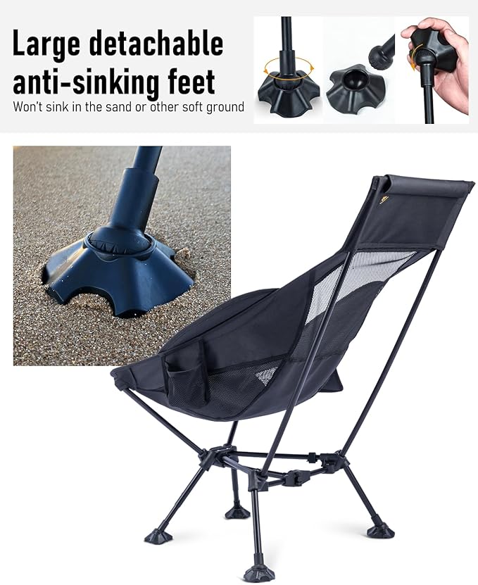 iClimb Ultralight Compact Camping Folding Beach Chair with Anti-Sinking Large Feet (Black - Triangular Frame High Back)
