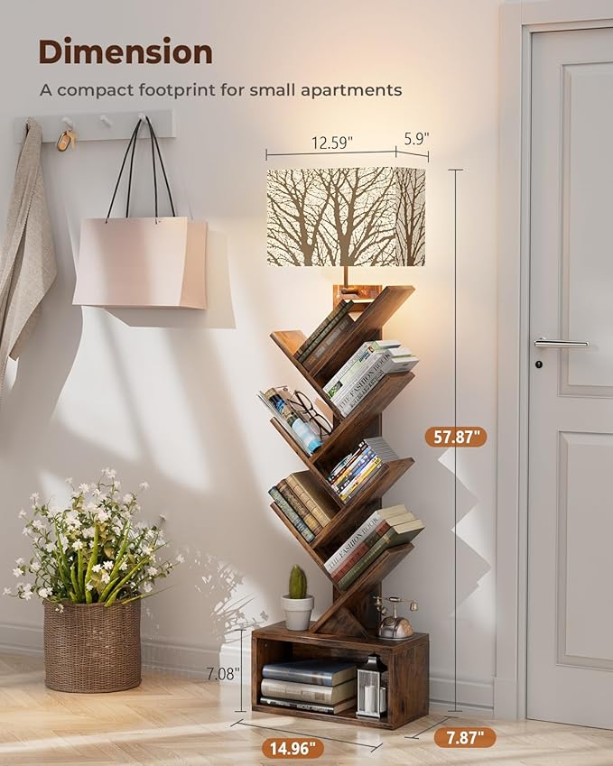 Evermagin Tree Bookshelf with Light, 6 Tier Small Bookcase, Narrow Floor Standing Book Tower Organizer with Storage Cabinet for Living Room, Bedroom and Home Office, Rustic Brown
