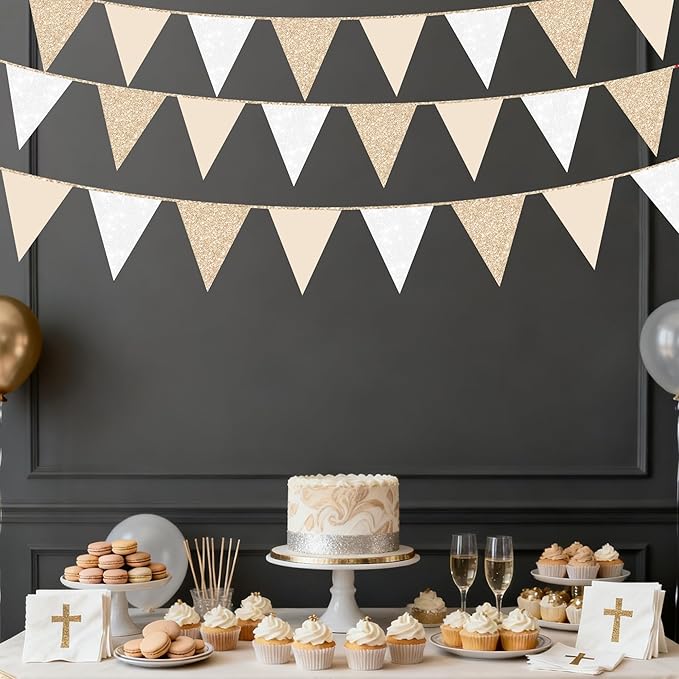 Champagne Gold Beige White Party Pennant Banner Flag Hanging Glitter Paper Triangle Bunting for Birthday Baby Shower Graduation Wedding Engagement Bridal Shower Holiday Baptism Party Decorations