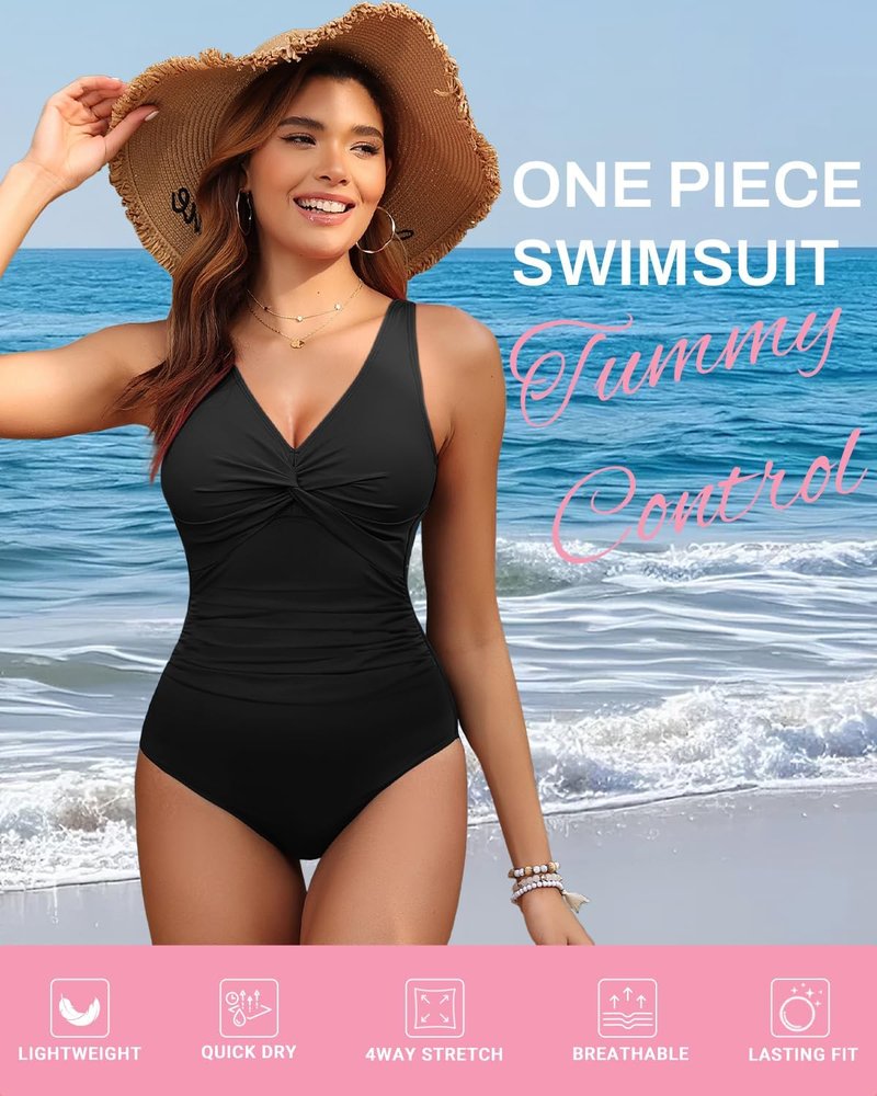 Holipick Black Plus Size Women Tummy Control One Piece Swimsuit - Push Up Bathing Suit Full Coverage Slimming Swimwear 20 Plus (US 20W)