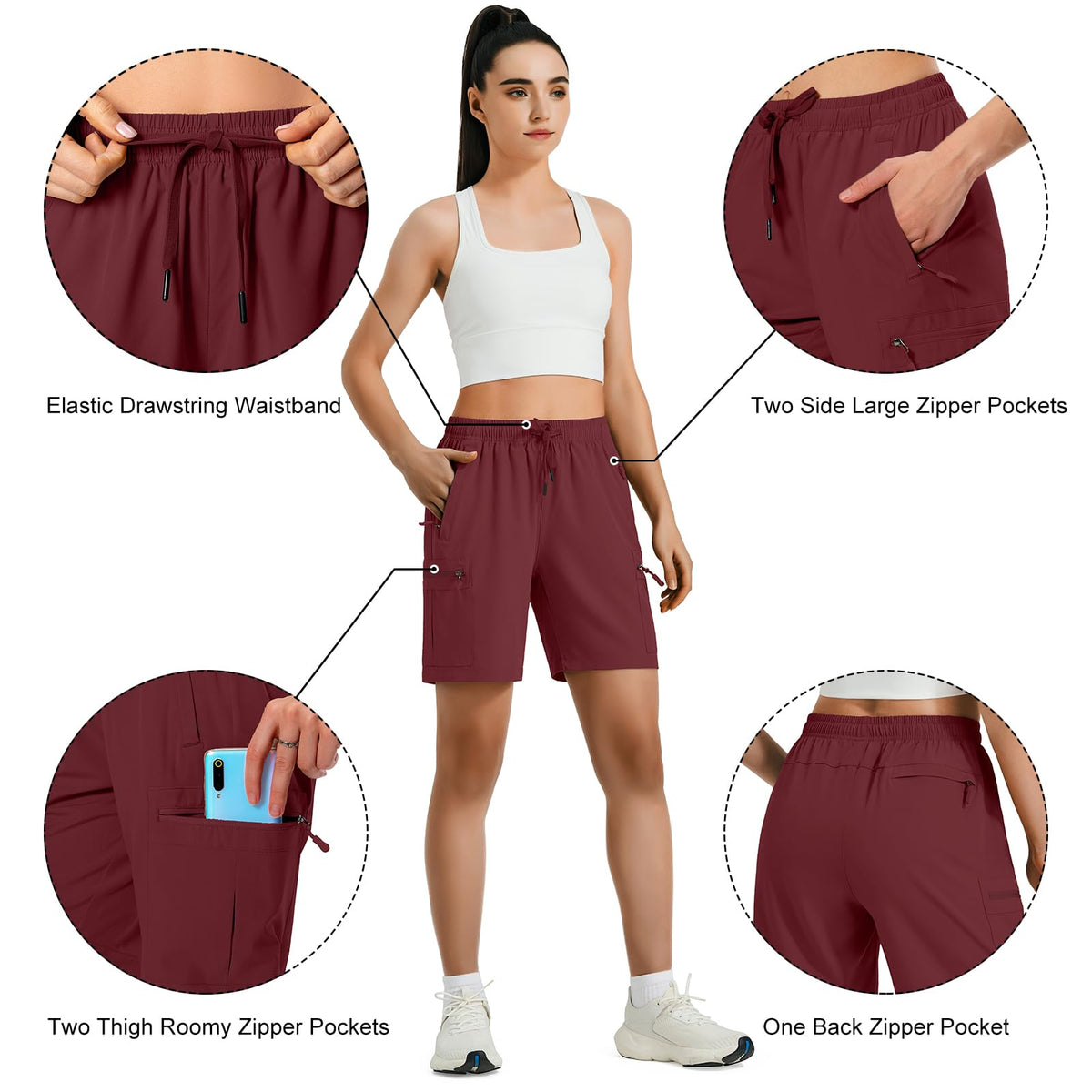 Hugut Women's Lightweight Hiking Cargo Shorts Quick Dry Athletic Shorts Camping Travel Golf Zipper Pockets Water Resistant Maroon