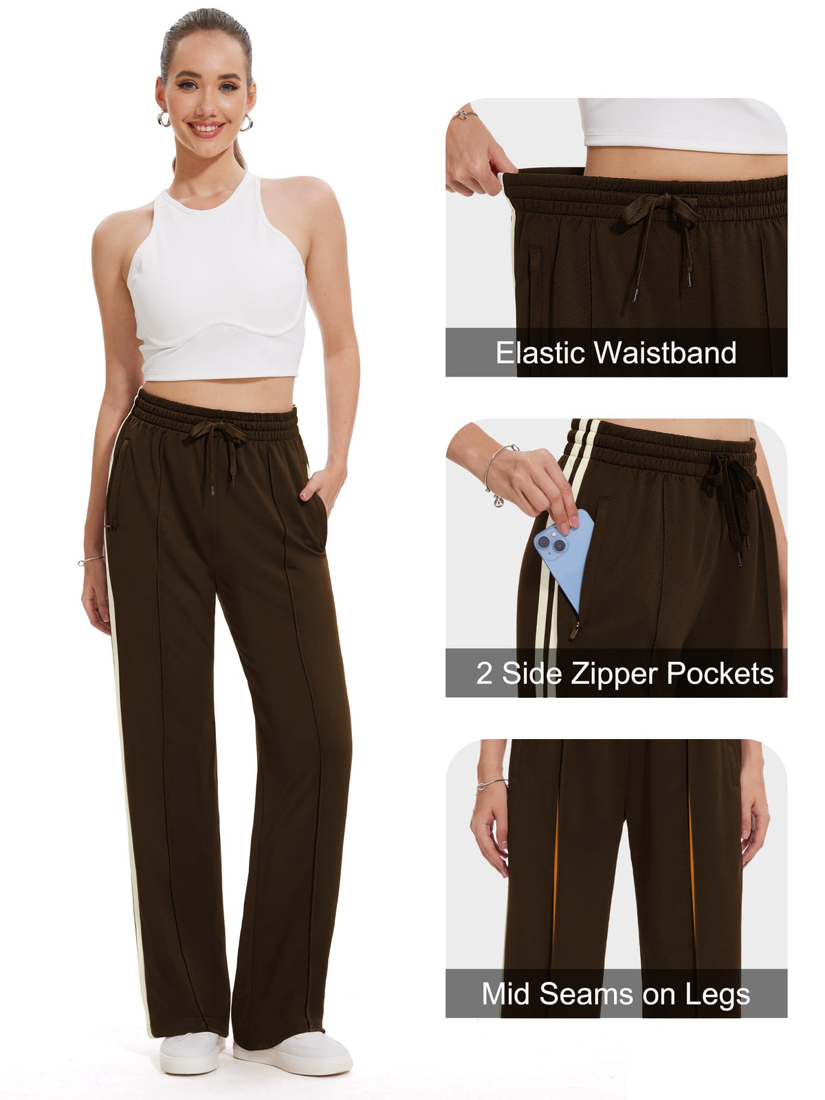 Tapata Petite Womens 28" Inseam Track Pants Relaxed Fit Striped Workout Sweatpants Baggy Trousers with Zipper Pockets, Brown, XL