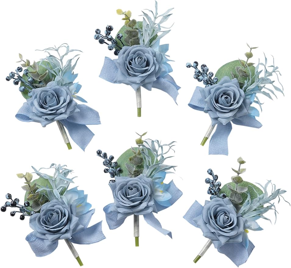 Meldel Dusty Blue Rose Boutonniere for Men,Set of 6,Groomsmen Groom Boutonnieres for Wedding Corsage Ceremony Anniversary, Formal Dinner Party, Fall Vintage Rustic Marriage Prom Flower