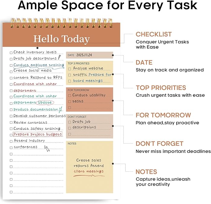 Taja To Do List Notepad - To Do List Notebook for Work with 52 Sheets, 9.8" x 6.5", Undated Daily Planner Perfect for Daily Tasks and Goal Setting, Notepad Suitable for Office, Home & School - Brown
