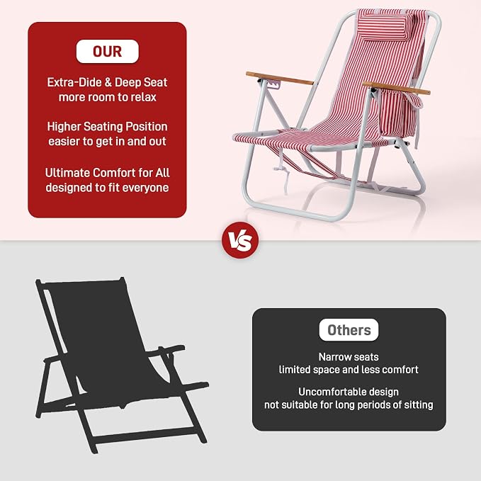 Outvita Folding Beach Chair, 4 Position Adjustable Reclining Lounge Chair with Padded Headrest, Large Rear & Side Storage Pockets, Lightweight Portable Outdoor Chair for Beach Pool Garden BBQ