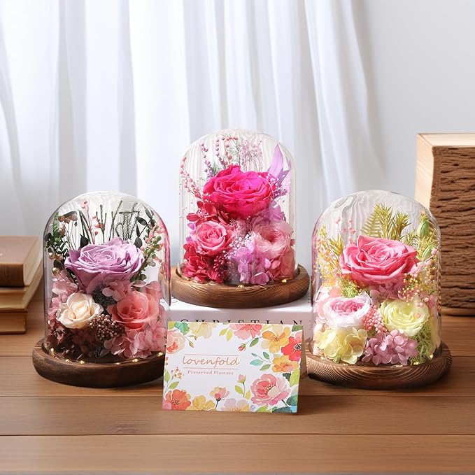 Flowers for Delivery Prime Preserved Flowers with LED Light in a Glass Dome,Long Lasting Real Roses Birthday Gifts for Women Daughter Mom Wife Friend（Reddish Rose）