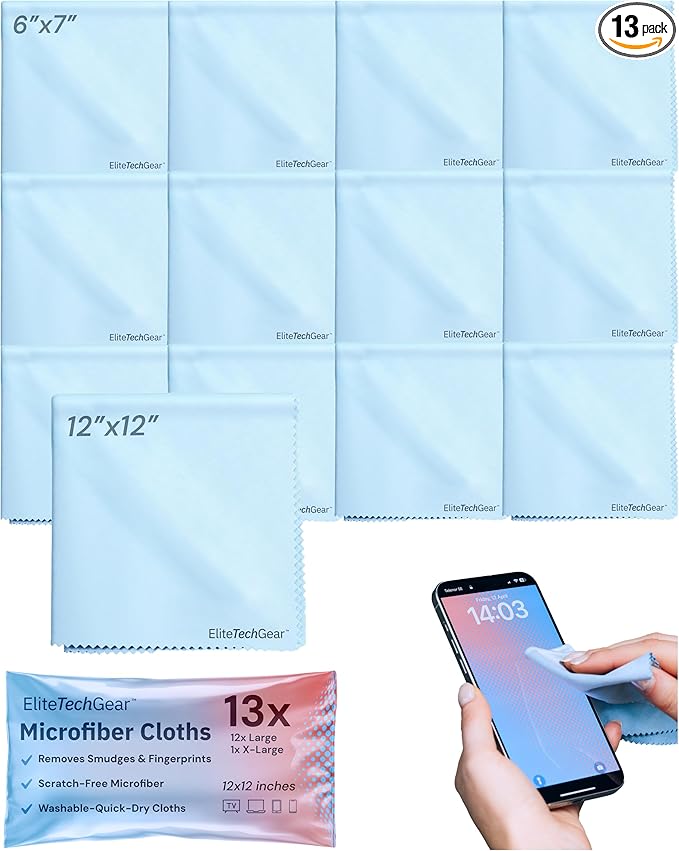 Elite Screens Microfiber Cleaning Cloth Set - 13-Pack, Blue, 6 x 7 in & 12 x 12 in - Smudge-Free Eyeglass Cleaner - Scratch-Free Screen Cleaner - Soft Lens Cleaning Cloth