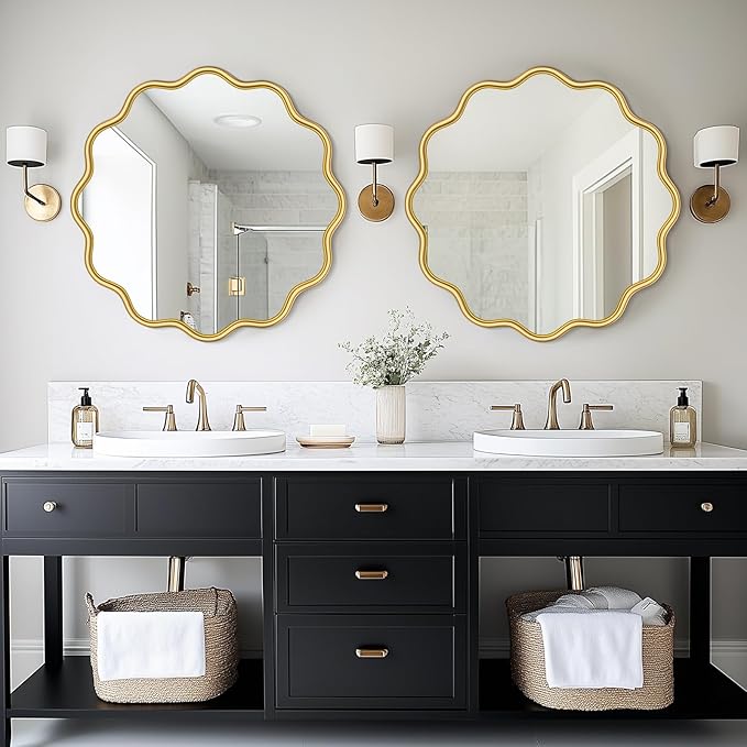 PROHOMEWARE Gold Round Mirror 28 Inch Wavy Bathroom Vanity Mirror Gold Frame Modern Wall Mirror Decorative Wall-Mounte Anti-Rust, Tempered Glass