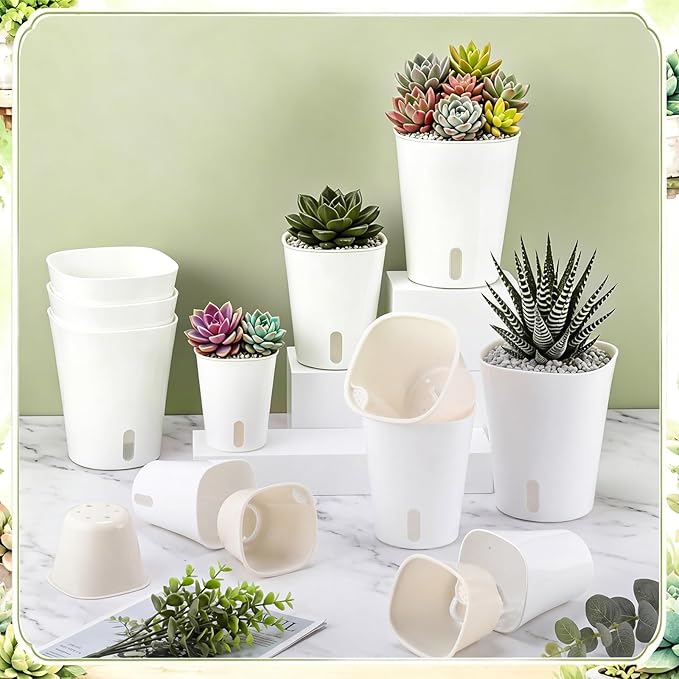 Ziliny 18 Pcs Self Watering Pots Plastic Plant 3 Sizes Flower Plant Pot with Inner White Flower Pots for Indoor House Plants Plastic Self Watering Pot for Herbs Flowers (S,M,L)