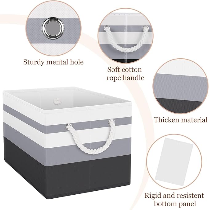 Fab totes Storage Bins [3-Pack], Foldable Storage Baskets for Organizing Toys, Books, Shelves, Closet, Large Storage Box with Rope Handles, Sturdy Organizer Bins,Gradient Grey