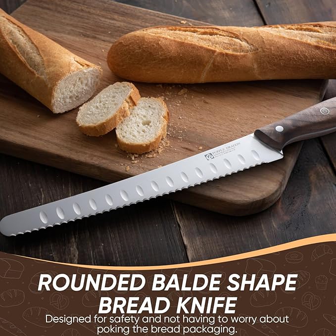 Purple Dragon Bread Knife for Homemade Bread, Serrated Knife, German High Carbon Steel Slicing for Sourdough, Cake and Fruits, Gift Box, Anniversary Idea Gift - Rounded