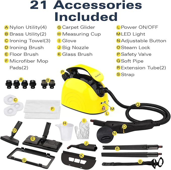 Steam Cleaner with 21 Accessories, 248°F High-Temp Steam & 1.1L Large Tank for Deep Cleaning Floors, Tiles, Carpet, Cars - Free Cleaning (Yellow) Chemical-Free Home & Auto Use