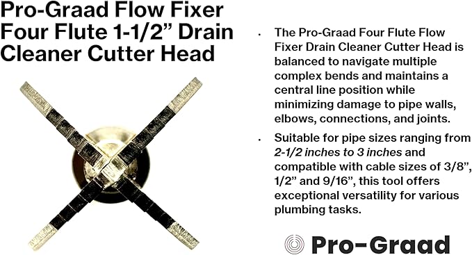 2” Spear 4 Flute Flow Fixer Drain Cleaner Plumbing Snake Cutter Head for 2-1/2” – 3” Pipes, Clears & Scrapes Inner Walls, Fits 3/8” 1/2" or 9/16” Cables, Commercial & Residential Use