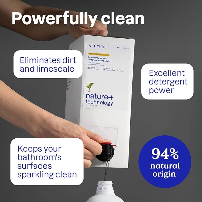 ATTITUDE Bathroom Cleaner Spray Refill, EWG Verified, Plant-Based & Vegan, Safe for Bathroom Surfaces, Tiles, Tubs, Shower Walls, and Grout, Citrus Zest Scent, 135.26 Fl Oz (Pack of 2)