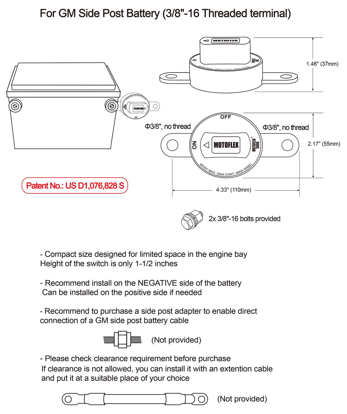ON/Off Battery Disconnect Switch 12V-48V 300A Side Post Battery Disconnect GM Car Truck, Marine Boat RV Trailer Golf Cart Heavy Duty Battery Kill Switch (Corrosion-Resistance, Removable Knob)