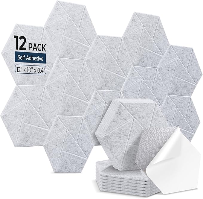12 Pack Hexagon Acoustic Panels, Self-Adhesive Acoustic Wall Panels