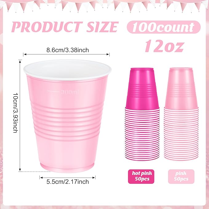 100 Pcs Pink Plastic Cups 12 oz, Bulk Light Pink and Hot Pink Disposable Party Graduation Cups for Graduation Picnic Wedding Bridal Birthday Christmas Theme Party Supplies Decorations