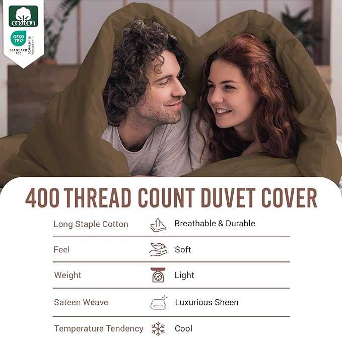 Pizuna Pure 100% Cotton Queen Duvet Cover Set, Luxurious 400 Thread Count Long Staple Cotton Sateen Weave with Button Closure (Combed Woody Brown Cotton Duvet Cover Queen)