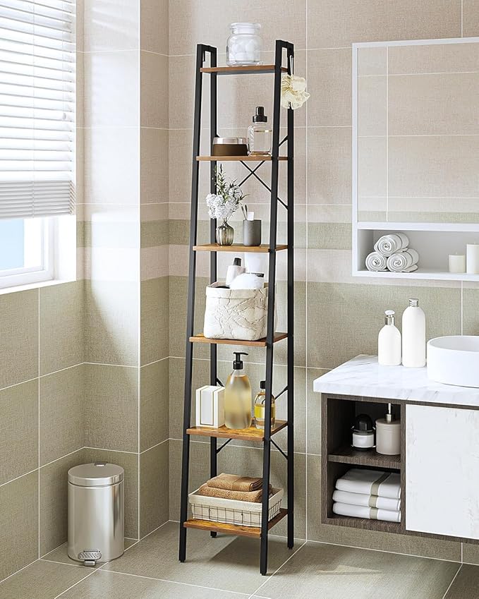 Ladder Shelf, Bookshelf Bookcase, Freestanding Corner Storage Shelve with 2 Hooks for Home Office, Living Room, Kitchen, Bedroom, Industrial, 11.8"D x 13.4"W x 72.8"H, Rustic Brown BC13301B