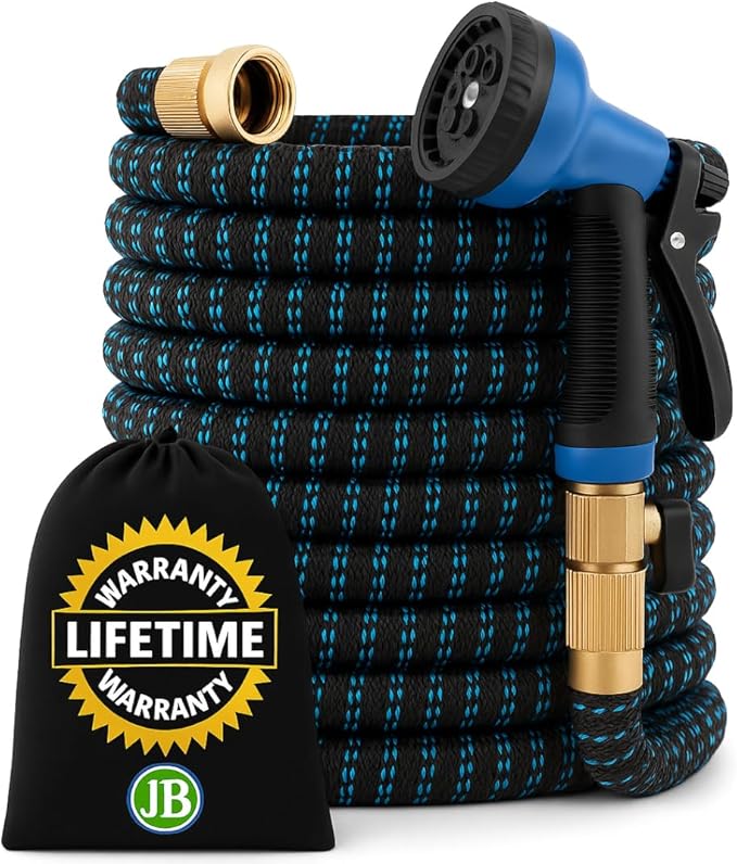 J&B XpandaHose 100ft Expandable Garden Hose – Ultra-Strong 3750D, 4-Layer Latex Core, Brass 3/4" Connectors, 10-Pattern Nozzle & Storage Bag – Lightweight, Kink-Reducing, Leak-Resistant