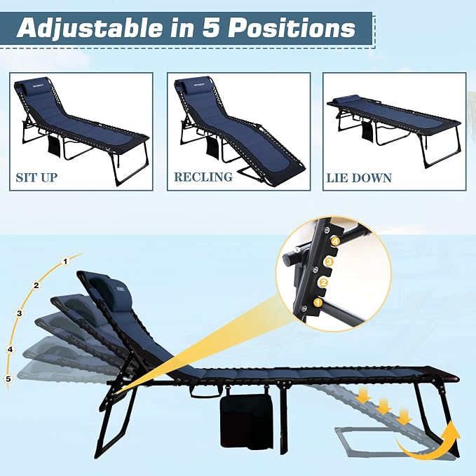 Oversized Padded Outdoor Folding Lounge Chair for Adults 330Ibs Patio Chaise Lounge Chair for Outside Adjustable 5-Position Reclining Beach Chair with Pillow Pocket