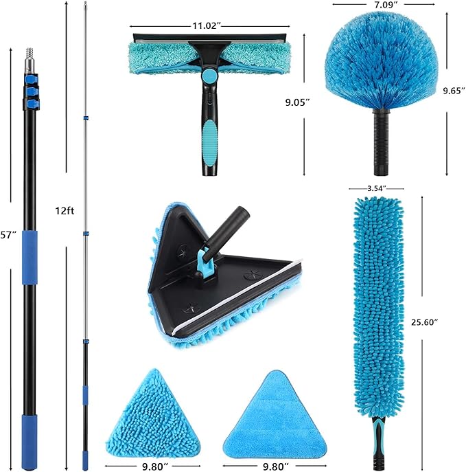 20 Foot High Ceilings Baseboard Wall Cleaner Mop with 12 Ft Extension Pole, Cobweb Duster, Window Cleaning Squeegee Kit (12ft)