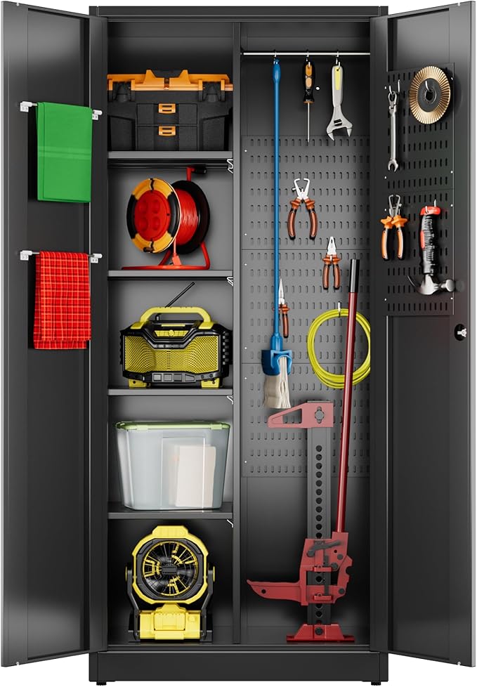 Aobabo Broom Closet Storage Cabinet, Lockable Garage Storage Cabinet for Home Garage, 71.37" H×33.93" W×16.92" D, Assembly Required, Black