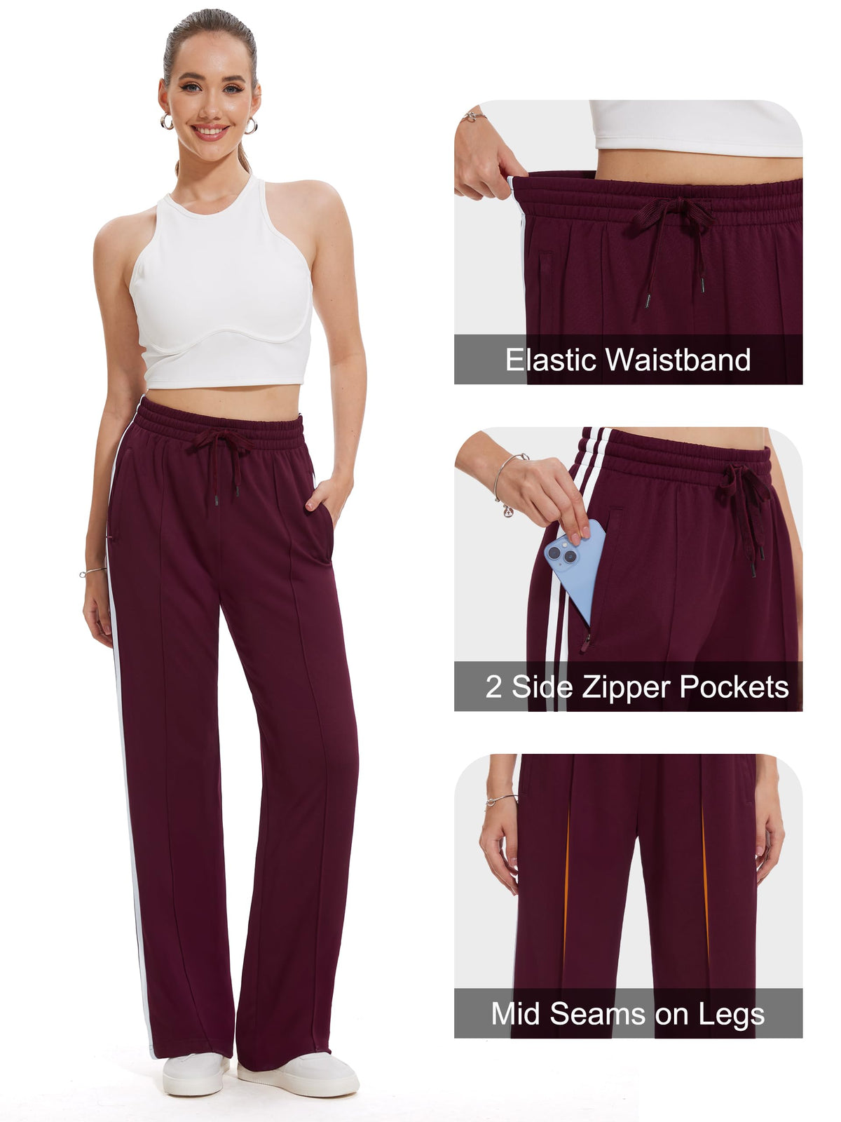 Tapata Extra Tall Woman 36" Inseam Stripes Sweat Pant High Waisted Drawstring Gym Exercise Lounge Joggers, Burgundy, XL