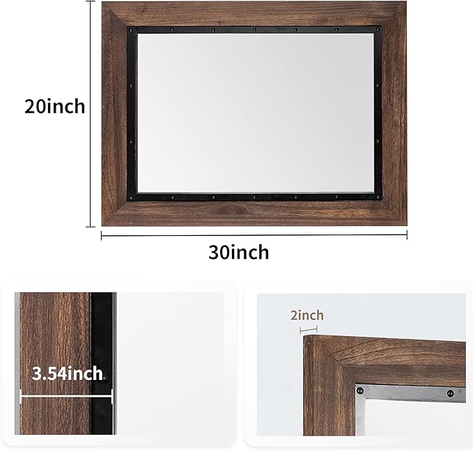 YOSHOOT Rustic Wooden Framed Wall Mirror, Natural Wood and Iron Bathroom Vanity