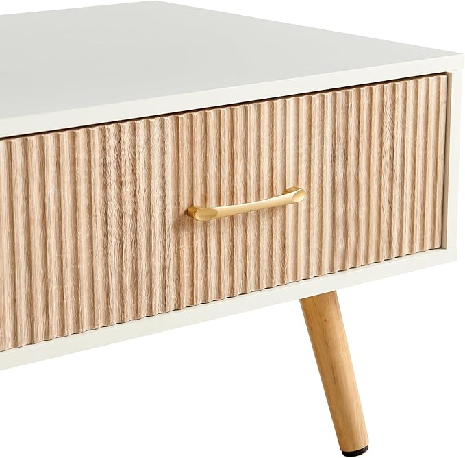 Mid Century Wooden Coffee Table with Stripe Drawer，Modern 41" Large Center Table with Storage，Rectangular White Coffee Tables for Living Room, 2-Tier Cocktail Table, Solid Wood Legs