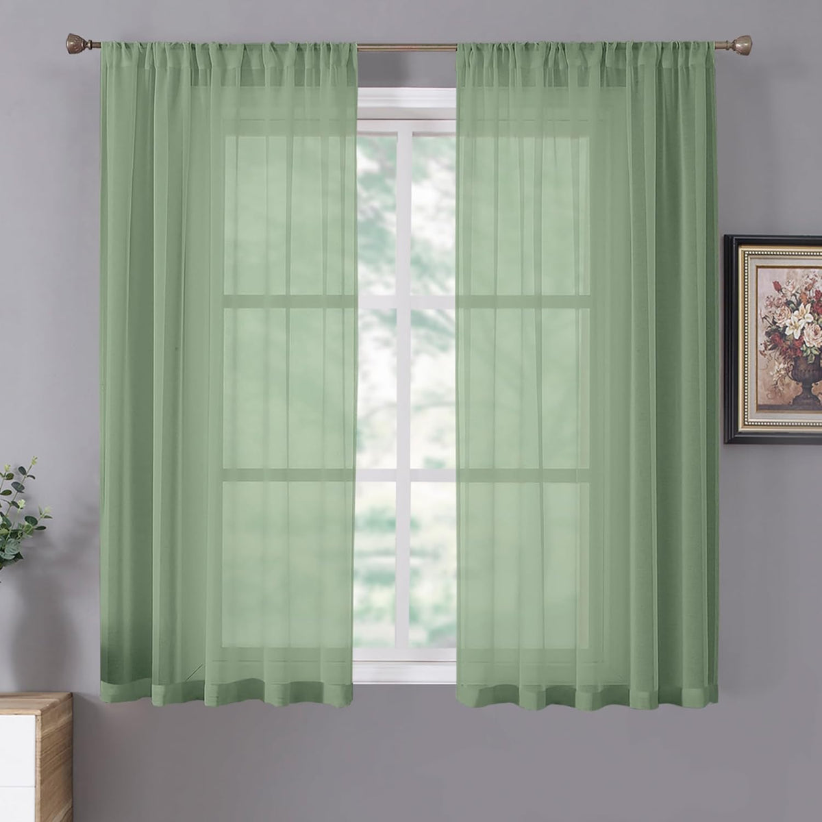 Tollpiz Short Sheer Curtains Living Room Linen Textured Curtain Sheers Light Filtering Voile Rod Pocket Curtains for Bedroom, 38 x 45 inches Long, Sage Green, Set of 2 Panels
