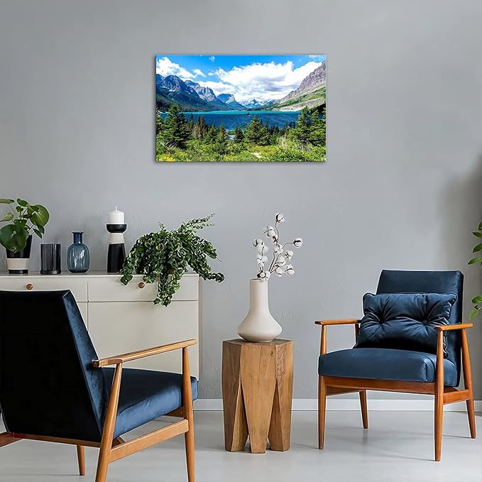 SKASNFAI Glacier National Park Wall Art Lake Mountains Pictures Framed Canvas Prints Artwork for Living room Bedroom Office Ready to Hang (28x44 inch)