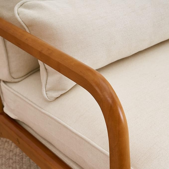 Bonnlo Fine Linen Beige Mid Century Modern Accent Chair, Soild Wood Padding Lounge Armchairs Side Sitting Chairs for Living Room, Bedroom, Guest Room