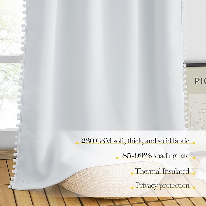NICETOWN Pom Poms Trimming Blackout Curtains, Farmhouse Blackout Window