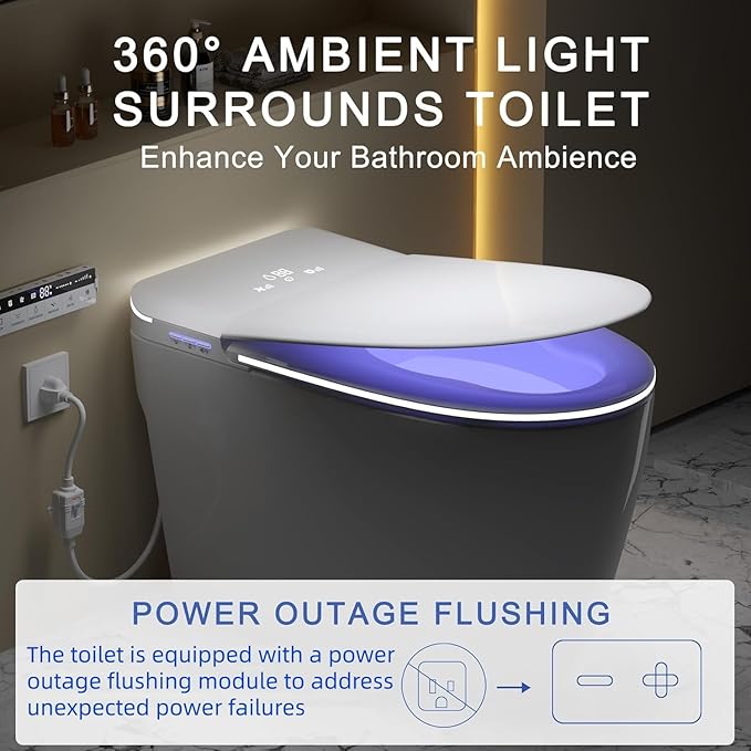 Luxury Smart Toilet with Foam Shield Auto-Open/Close Lid,One Piece Bidet Toilet Heated Seat for Bathrooms, Multiple Cleaning Modes,Aromatic Spray,Air Purification,Smart Foot Sensor