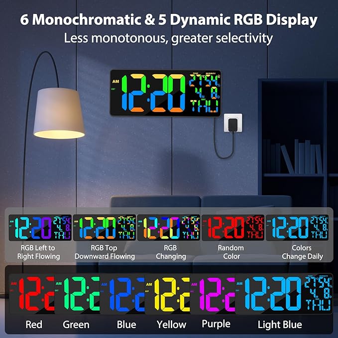 18" Digital Wall Clock Large Display, 11 RGB Color Changing Large Digital Wall