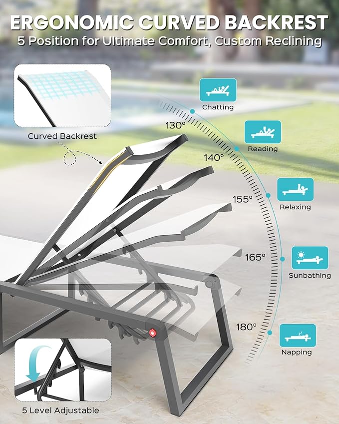 Aluminum Chaise Lounge Chair Outdoor, Foldable& No Assembly Patio Pool Lounge Chairs 5-Position Recliner for Outside, Fully Grounded Legs Sun Lounger for Poolside, Bright White, 2 Pack