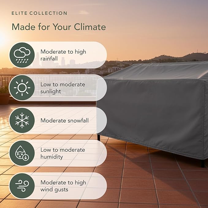 Covermates Elite Outdoor Patio Sofa Cover – Water-Resistant 300D Polyester, Double-Stitched Seams, Elastic Hem, Auto-Locking Drawcord & Mesh Vent for Moderate Weather, 74W x 32D x 34H, Charcoal