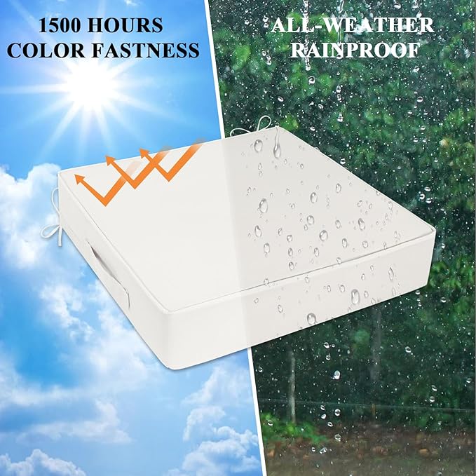 Outdoor Chair Cushions 24x24x4 Inch, Waterproof Beige Patio Furniture Cushions Set of 2 with Ties & Handle, 3 Year Color Fastness Square Replacement Seat Cushions for Sofa, Couch